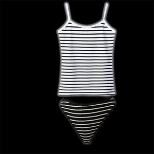 #S23 - Striped White w/Black Ribbed Tank, Black w/White Swim Bottom - Medium